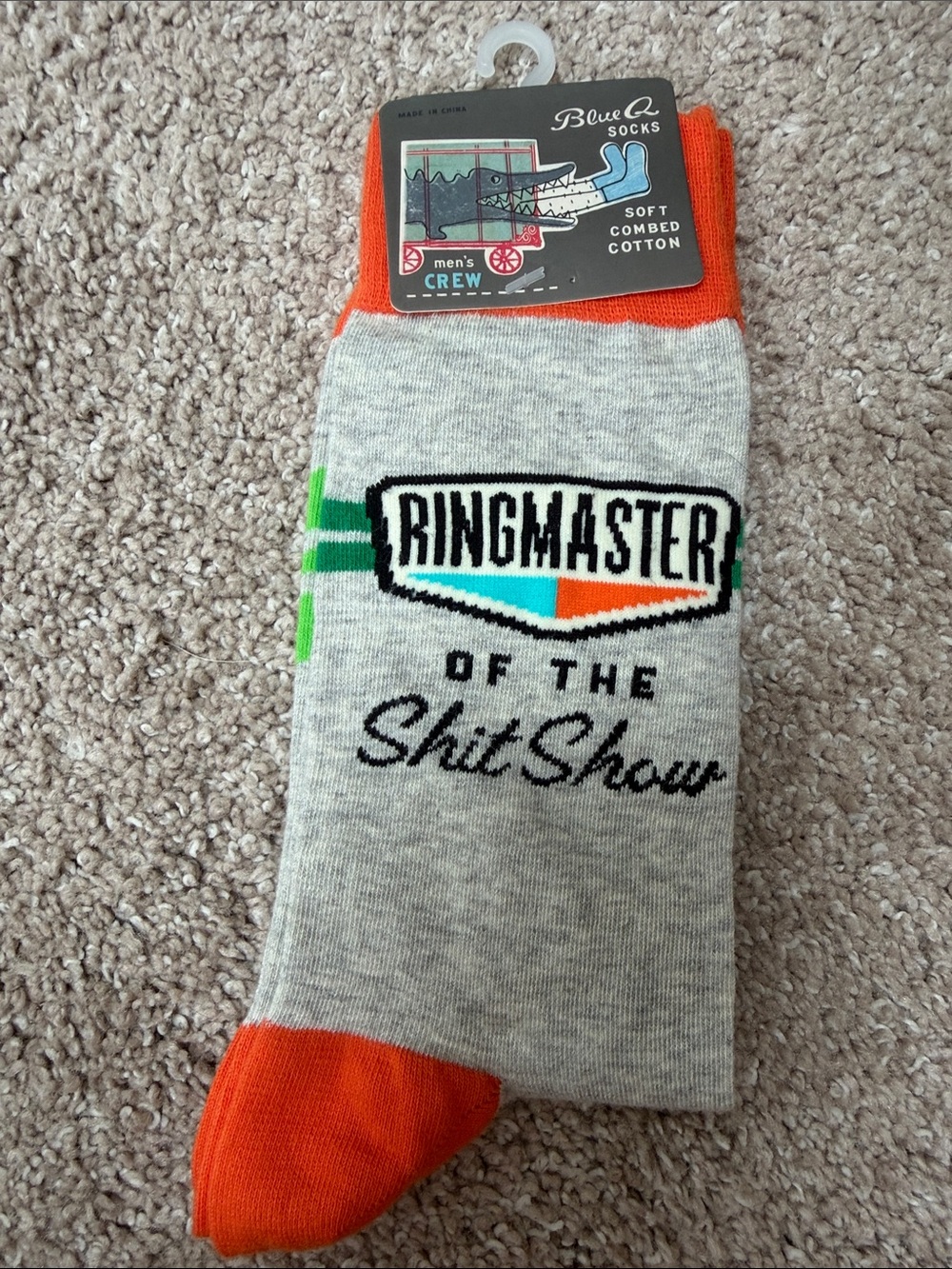 Blue Q Gray Crew Socks with Orange Toe & Cuff, Green & Teal Accents